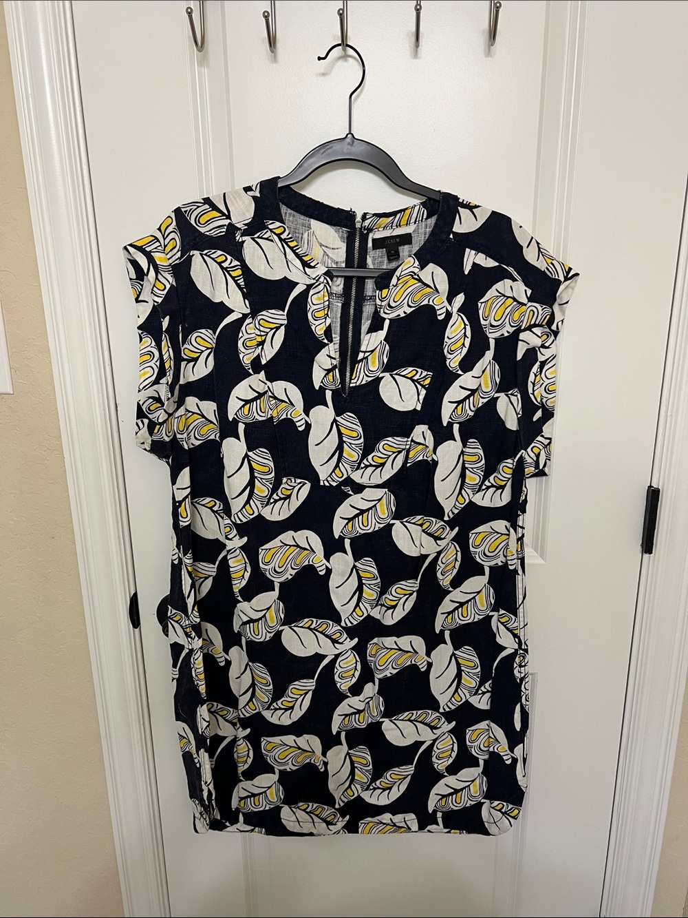 J. Crew Navy and White Floral Dress with Yellow Highlights
